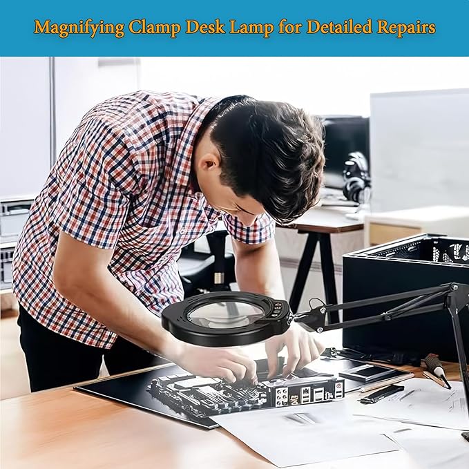 15X Magnifying Glass Desk Lamp with Metal Base, 5 Color Modes 10 Levels Adjustable Brightness, 360° Rotatable Flexible Aluminum Arms – Ideal for Reading, Crafting, Close Work, Eye-Caring Table Lamp