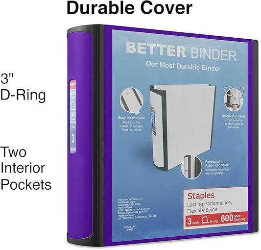 Staples 895621 Better 3-Inch Slant D 3-Ring View Binder Purple (20246)