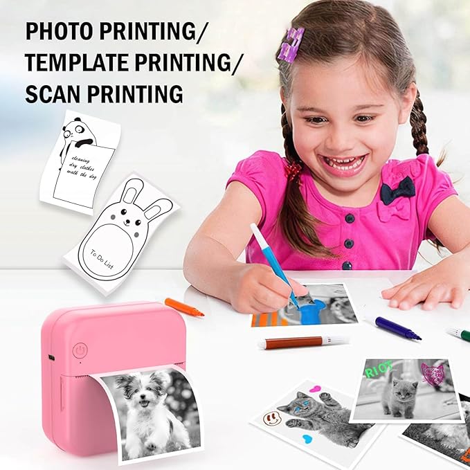 Inkless Mini Thermal Pocket Printer, Wireless Mini Sticker Printer with 10 Rolls Thermal Paper for iOS&Android, Portable Mini Photo Printer for Notes Journal Memo Photo Study, Pink