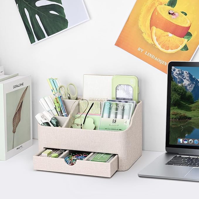 KINGFOM Desk Organizer with Drawer, Multifunction Pencil Holder for Desk, Desk Organizer and Accessories 5 Comparetments for Home Office Supplies (Beige)