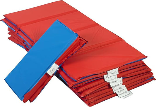 Children’s Factory 1 Inch Thick Rest Mats for Preschool, 4-Section Nap Mats for Daycare, Nursery, Classroom, Red-Blue, 10 Pack