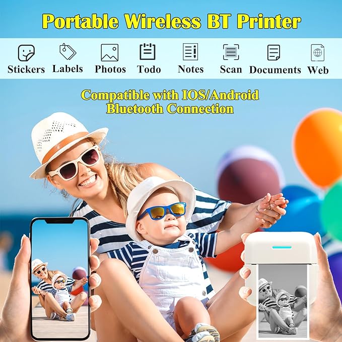 Mini Portable Printer, Inkless Sticker Printer with 12 Rolls Paper, Thermal for Notes/Photos/Stickers/Labels/Receipts, Compatible with iPhone, Android Phone & Tablet, White