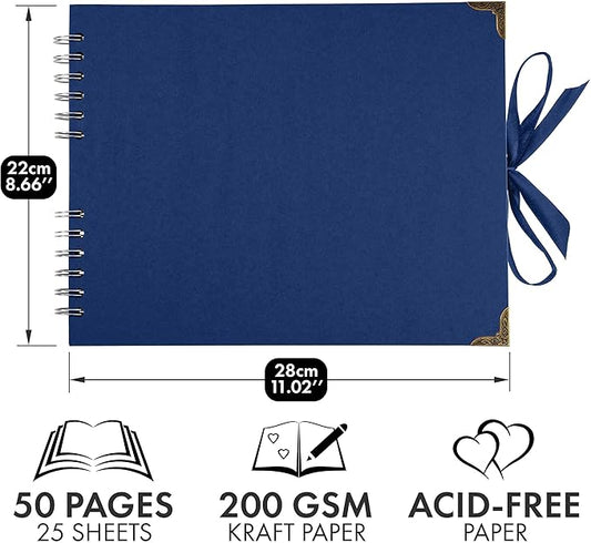 Bstorify Square Scrapbook Photo Albums 50 Pages (11 x 8.5 Inch) Blue Thick Paper, Hardcover, Ribbon Closure - Ideal for Your Scrapbooking Albums, Art & Craft Projects (Blue, 11 x 8.5 Inch)
