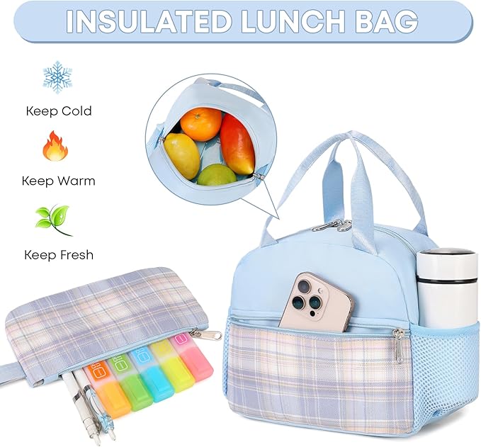 3PCS Backpack For School Women College Middle High Teen Girls Student Bookbag Waterproof Laptop Bag Plaid Blue