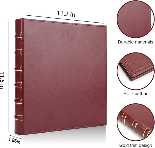 Vintage Hardback 3 Ring Binder 1 Inch, Professional Leather Binder 3 Ring, Three Ring Binders Fits 8.5" x 11", D Ring Binders for Photo Album, Home, School and Office Supplies- Dark Red