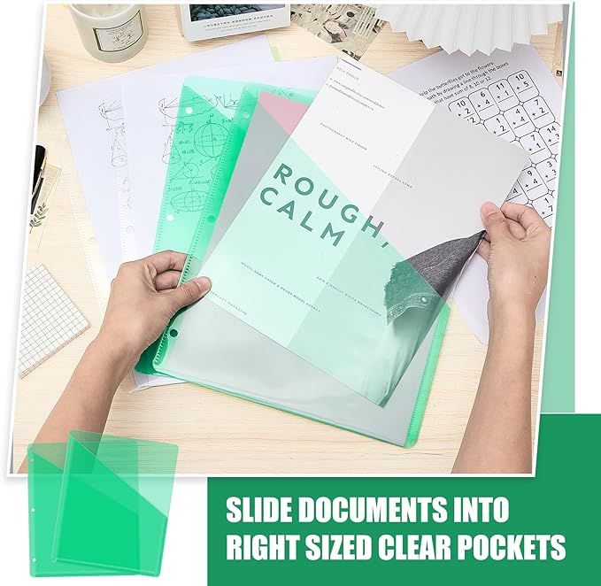 Seajan 48 Pcs Pocket Folders for 3 Ring Binder Clear Plastic Folders Sleeves with 2 Pockets 3 Hole Punch Binder Dividers Poly Slash File Jackets for Office School Document Organizer (Green)