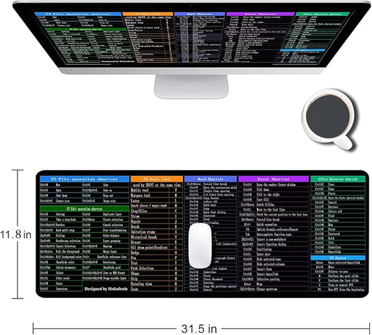 Hokafenle Large XL Mouse Pad, Excel Shortcut Keys Desk Keyboard Mouse Pads, PC Office Spreadsheet Mouse Mat, Non-Slip Stitched Edge Computer Mousepad