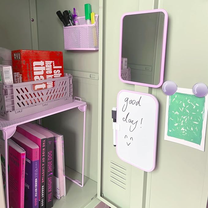 Locker Accessories with Locker Shelf, Magnetic Mirror, Magnetic Pen Holder, Magnetic Small Whiteboard, Back to School Essentials Locker Decorations, 7 Piece Locker Organizer for Work, Purple