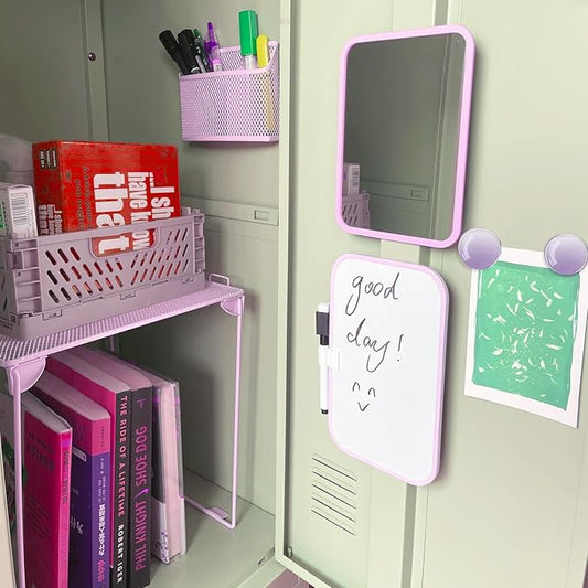 Locker Accessories with Locker Shelf, Magnetic Mirror, Magnetic Pen Holder, Magnetic Small Whiteboard, Back to School Essentials Locker Decorations, 7 Piece Locker Organizer for Work, Purple