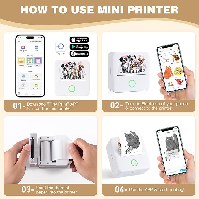 cudinham Print Pods Mini Printer, Thermal Inkless Sticker Maker with 3 Rolls Paper, Pocket Printpod for Phone, Impresora Portátil for Notes, Flashcards, Journal, DIY (Doggie)