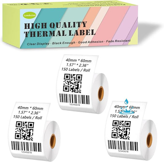 [150 Labels/Roll x 3] 40mm x 60mm Thermal Labels, 1.57'' x 2.36'' Label Maker Tape Refill, Weatherproof & Tear-Resistant Thermal Stickers Compatible for Phomemo M110, Supvan T50M Pro (White)