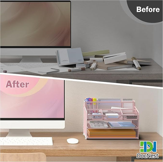 Docnest 3 Tier Mesh Desk Organizer for Paper Office Supplies – Multi-Functional Letter Tray with 5 Adjustable Compartments, 3 Pen Holders, Desktop Storage for Files, Mail, Stationery – Pink