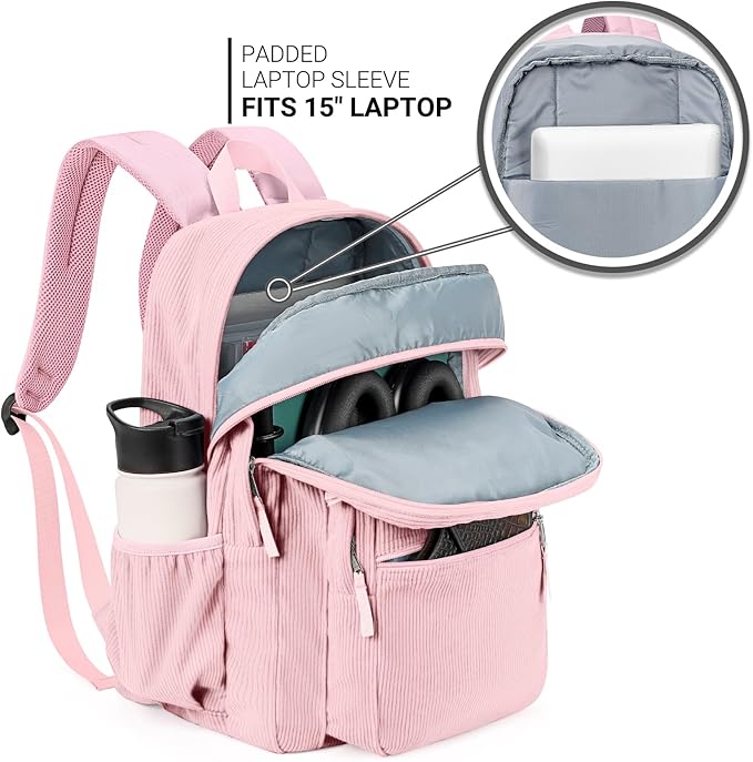 ZORFIN 26L Backpack for School, College, and Travel: Corduroy Bookbag with 8 Compartments - Light Pink