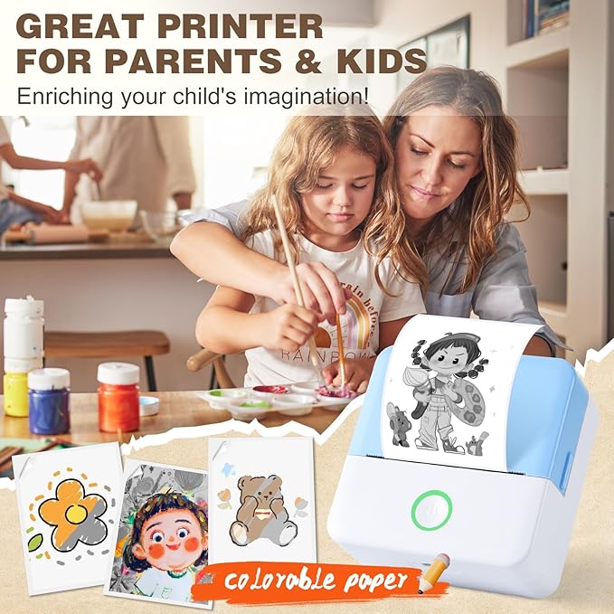 Print Pods Mini Printer, Thermal Inkless Sticker Maker with 10 Rolls Printing Paper, Pocket Printpod for phone, Impresora Portátil for Notes, Flashcards, Journal, DIY, Compatible with iOS & Android