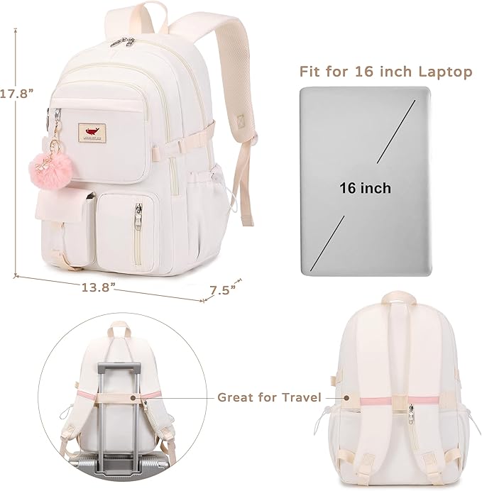 LXYGD Laptop Backpack 15.6 Inch Kids Elementary Middle High School Bag College Backpacks Anti Theft Travel Back Pack Large Bookbags for Teens Girls Women Students (Off-white)