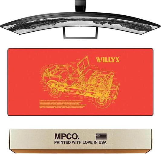 MPCO. Blueprints Large Gaming Desk Pad - 36" x 17" Duraglyde Fabric Willys Jeep – Orange Desk Mats - Non-Slip, Washable, Smooth Glide for Precision Gaming & Work