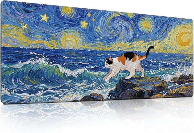 Cute Calico Cat Surfing Mouse Pad, Starry Night Style Mousepad - Large Non-Slip Desk Mat for Office, PC, Laptop - 31.5"x11.8" x 3mm