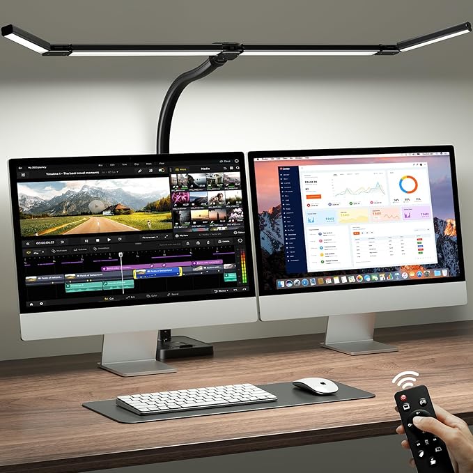 42" LED Desk Lamp for Home Office, Eye-Caring Desk Light with Adjustable 4-Segment Bar, 1800LM Bright, Remote, Architect Table Lamp with Base for Dual Monitors, Reading, Study, Workbench(Black)