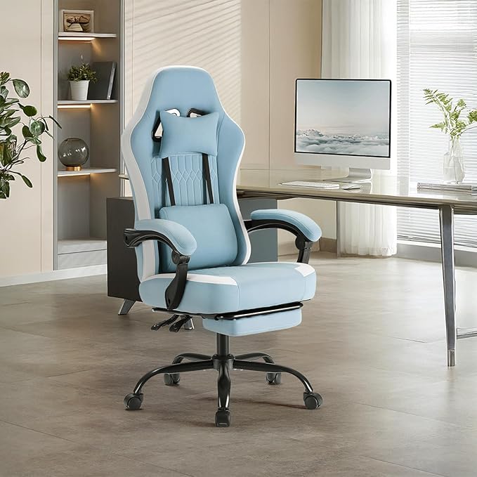 Sweetcrispy Computer Gaming Chair - High Back Ergonomic Desk Chair with Footrest and Lumbar Support, Height Adjustable Task Chair with Linkage Armrests and Headrest, 360° Swivel Wheels, Blue