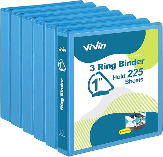 ViVin Sturdy 1 Inch D Ring Binders, 3 Ring Binders with 2 Pockets, Hold 225 Sheets of US Letter Size Paper for Office,Home,School, 6 Pack (Light Blue)