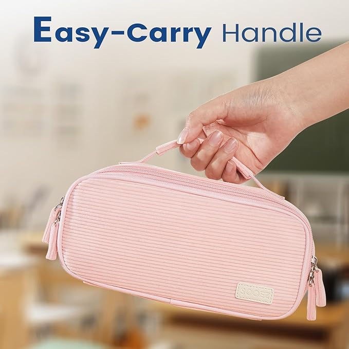 Sooez Large Pencil Case Pouch, Soft Corduroy Pencil Bag with Handle, Cute Pen Case, 5 Compartments, Wide Opening Pen Pouch Organizer with Zipper, Aesthetic School Supplies for Girls Women, Dark Pink