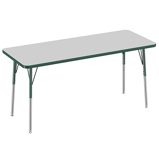 FDP Rectangle Activity School and Office Table (24 x 60 inch), Standard Legs with Swivel Glides, Adjustable Height 19-30 inches - Gray Top and Green Edge