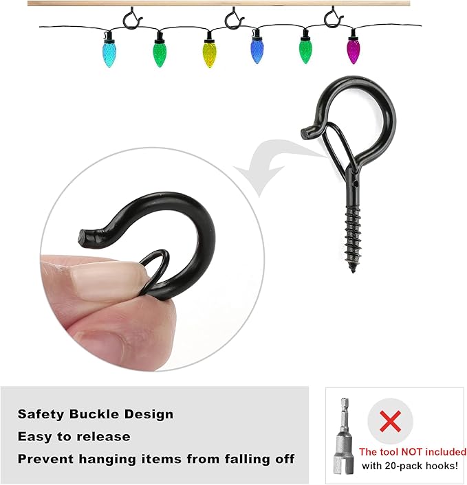 PlusRoc 20 Pack Screw Hooks for Hanging Plants Outdoor Lights, Heavy Duty 2.2 Inch Black Eye Hook Screw Cup Ceiling Hook Q-Hanger for String Lights, Wall Wood Ceiling Deck Mount