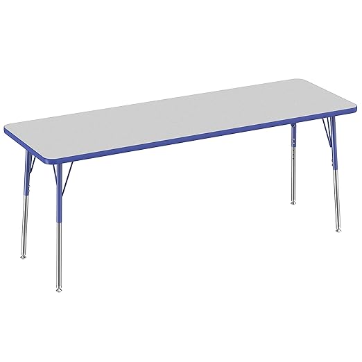 FDP Rectangle Activity School and Office Table (24 x 72 inch), Standard Legs with Swivel Glides, Adjustable Height 19-30 inches - Gray Top and Blue Edge