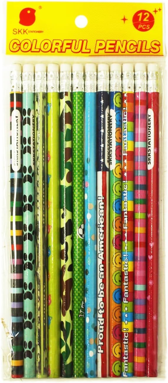 SKKSTATIONERY Assorted Colorful Pencils, Wooden Pencil with Eraser, Pencil Assortment, Novelty Kids Pencils，Awards & Incentives, No.2 HB, Back to school, 12 Assorted Colors 144/box.