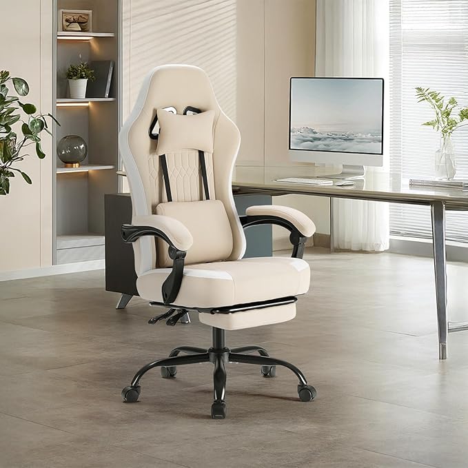 Sweetcrispy Computer Gaming Chair - High Back Ergonomic Desk Chair with Footrest and Lumbar Support, Height Adjustable Task Chair with Linkage Armrests and Headrest, 360° Swivel Wheels, Khaki