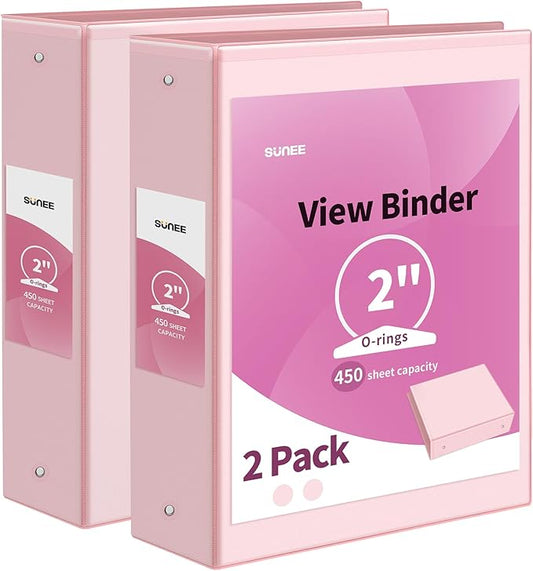 SUNEE 3 Ring Binder 2 Inch 2 Pack, Clear View Binder Three Ring PVC-Free (Fit 8.5x11 Inches) for School or Office Supplies, Pink