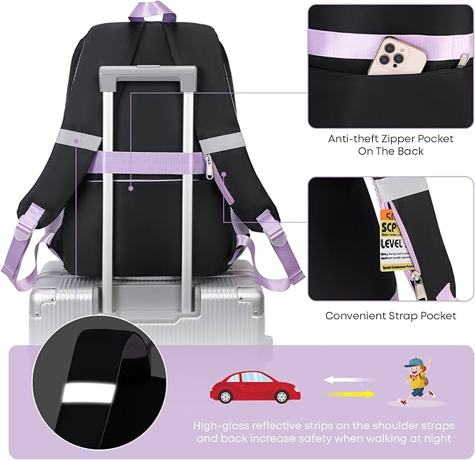 3PCS Backpack For School Women College Middle High Teen Girls Student Bookbag Waterproof Laptop Bag Black Purple