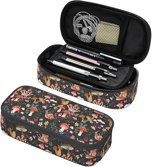 Mushrooms Snails Butterflies Large Pencil Case With Zipper Compartments Stationery Pencil Bag For Kids Teens Students School Supplies