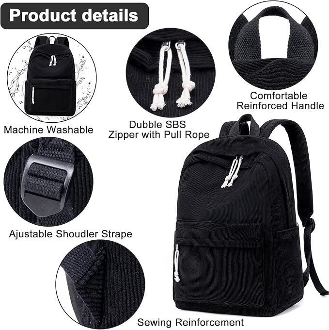 School Backpack for Teens Large Corduroy Bookbag Lightweight 15.6 inch Laptop Bag for Girls Women Casual High School College