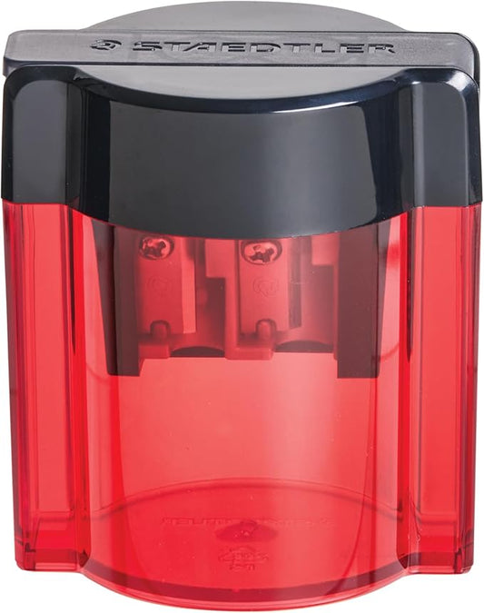 STAEDTLER Metal Double Hole Sharpener with Oval Tub - Manual Pencil Sharpener for Regular & Large Pencils, Makeup Pencils - 2 Sizes with Hinged Lid (Assorted Colors)