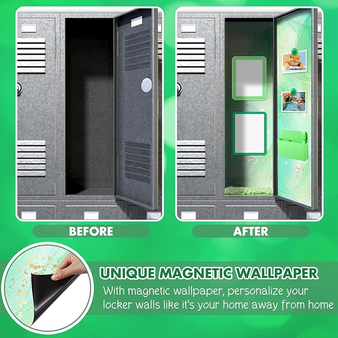 Timgle 8 Pcs Magnetic Locker Set Including Magnetic Wallpaper Mirror Locker Organizer Carpet Whiteboard Dry Erase Marker Accessories for Office School Supplies(Green,Marble Pattern)