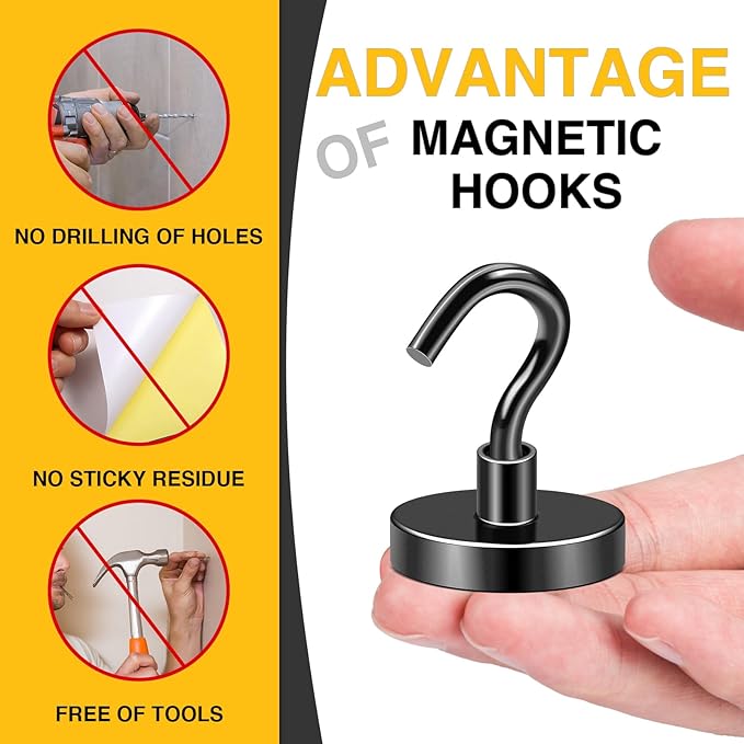 DIYMAG Outdoor Hooks for Hanging String Lights, Balck Magnetic Hooks Strong 150lbs+ Hanging Party Light Wall Cable for Outside 2025 Cruise Cabin Refrigerator Fridge Grills Must Have 10PCS