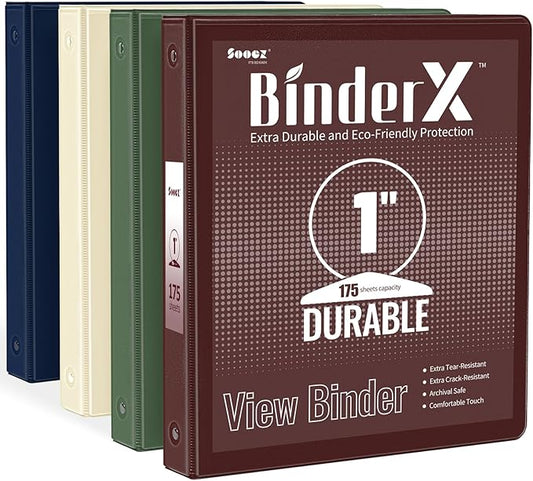 4 Pack Extra Durable 3 Ring Binders 1 Inch, Sooez 1” Three Round Ring Binders, Clear Customizable View Cover for Letter Size 8.5'' x 11'' Papers, Teacher Must Have, School Office & Home Supplies