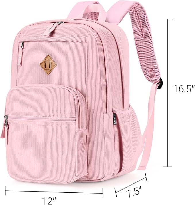 ZORFIN 26L Backpack for School, College, and Travel: Corduroy Bookbag with 8 Compartments - Light Pink