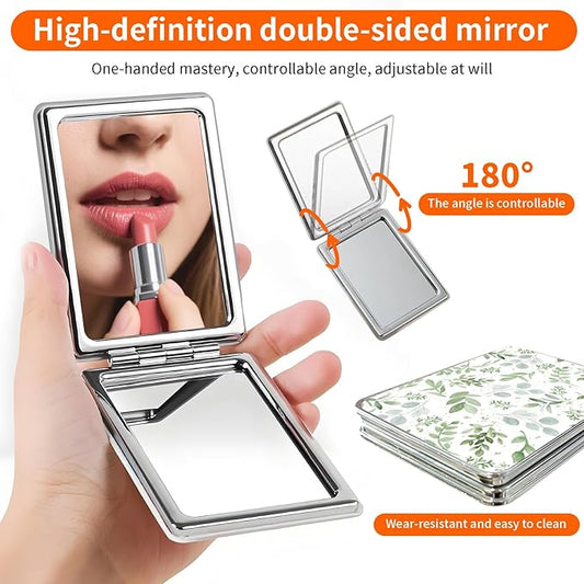 Compact Pocket Mirror, Cute Travel Mini Mirror with Magnification, Foldable Double-Sided Portable Cosmetic Mirror for Men, Women Spring Green Leaf