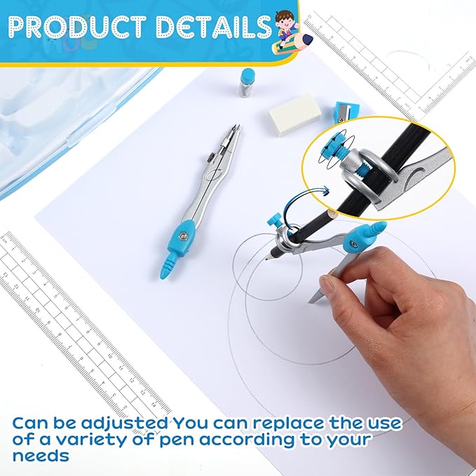 Teling 24 Sets Math Geometry Kit for Students 10 Pcs Compass Geometry Tools Set Includes Rulers Protractor Compass Eraser Pencil Sharpener Lead Refills Pencil