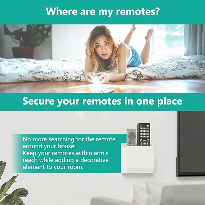 WALI Remote Control Holder Wall Mount, TV Remote Wall Holder Pocket, Bedside Shelf, 5 Inch Hole-Free, for 2 or 3 Media Controls (WMH001-W)