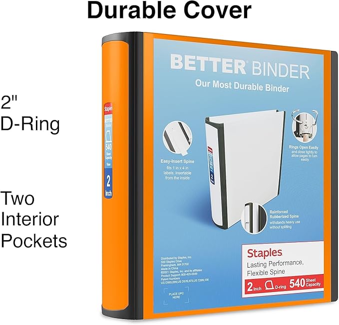 STAPLES 2"" 3-Ring Better Binder, Bright Orange (13469)"
