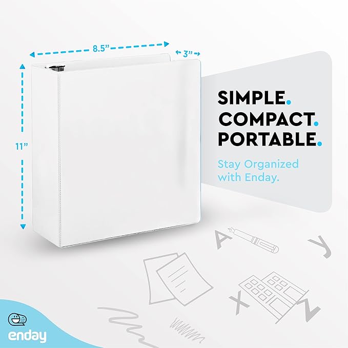 3 Inch Binder 3 Ring Binders White, Slant D-Ring 3” Clear View Cover with 2 Inside Pockets, Heavy Duty Colored School Supplies Office and Home Binders, 6 Pack – by Enday
