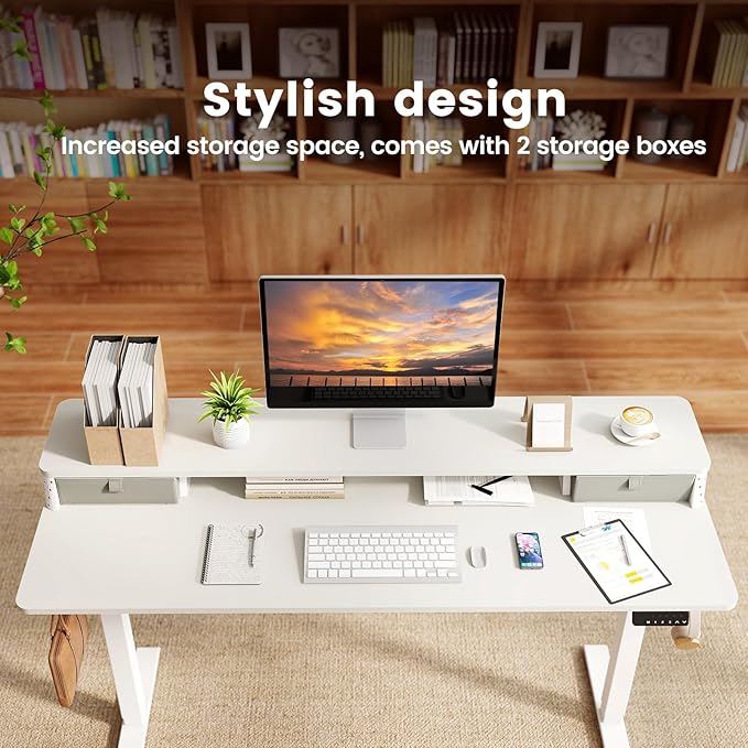 Standing Desk with Drawers and Brushless Motor,Electric Height Adjustable Desk for Walking Pad,Ergonomic Stand Up Desk for Home Office & Gaming,3 Memory Height Preset & Hooks(55" x 24",White)