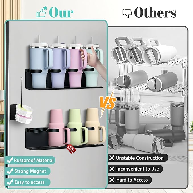 2Pcs Magnetic Water Bottle Organizer for Stanley 30 40 oz Tumbler and Lid Magnetic Cup Holder Heavy Duty Tumbler Storage Organizer Drink Accessories Kitchen Cup Storage Rack for Fridge Cabinets Gifts