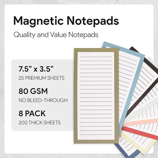 8 Magnetic Notepads – Notepads for Grocery List, Shopping List, To-Do List, Reminders -Strong Magnetic Back- Memo Notepad with Solid Pattern Designs | 25 Sheets per Pad 7.5 x 3.5 inch (8 Pack)