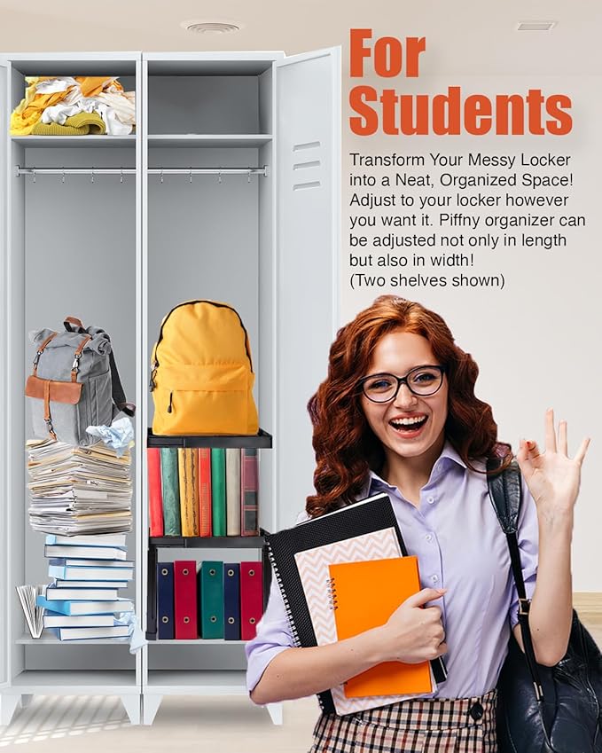 Locker Organizer Shelf， Adjustable Width and Height, Stackable, Ideal Locker Shelf for School, Office, Gym Lockers, or Even Kitchen Cabinets & Under Sink Organization(White 2 Pack)