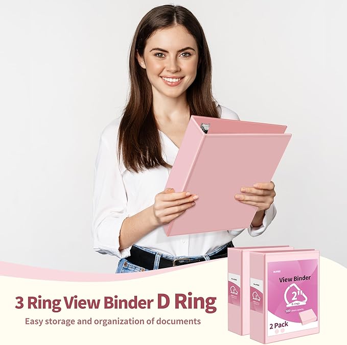SUNEE 3 Ring Binder 2 Inch, Clear View Binder Three Ring PVC-Free (Fit 8.5x11 Inches) for School or Office Supplies, Pink, 2 Pack