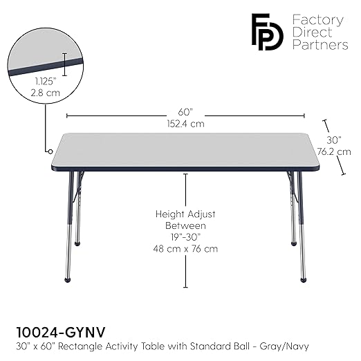 FDP Rectangle Activity School and Office Table (30 x 60 inch), Standard Legs with Ball Glides, Adjustable Height 19-30 inches - Gray Top and Navy Edge